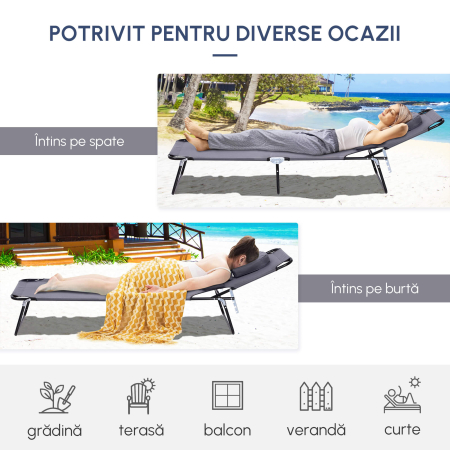  Sezlong Relax Pliabil pentru plaja cu pernuta si deschidere pentru fata in tesatura Oxford, Gri [6]