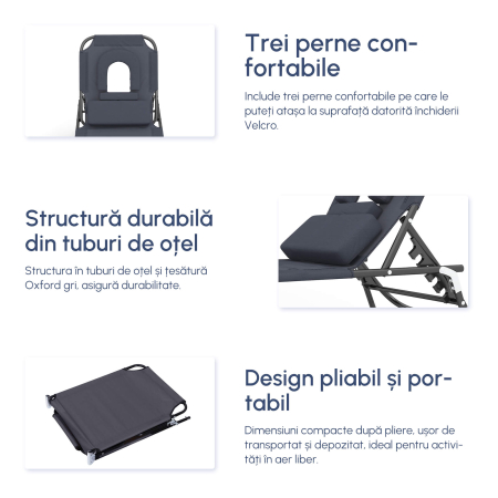  Sezlong Relax Pliabil pentru plaja cu pernuta si deschidere pentru fata in tesatura Oxford, Gri [4]