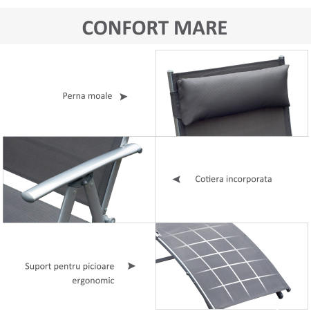  Sezlong Relax Pliabil Schelet in Metal 137x63.5x100.5cm Gri [5]