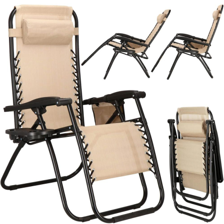 Sezlong scaun pliant plaja sau gradina, Siesta, gravitatie zero, cu tetiera, 175x67x110 cm, bej [1]