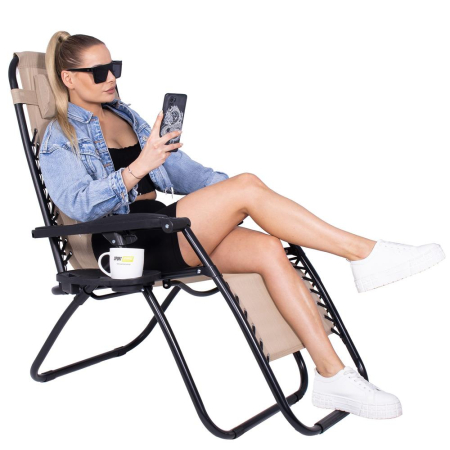 Sezlong scaun pliant plaja sau gradina, Siesta, gravitatie zero, cu tetiera, 175x67x110 cm, bej [15]