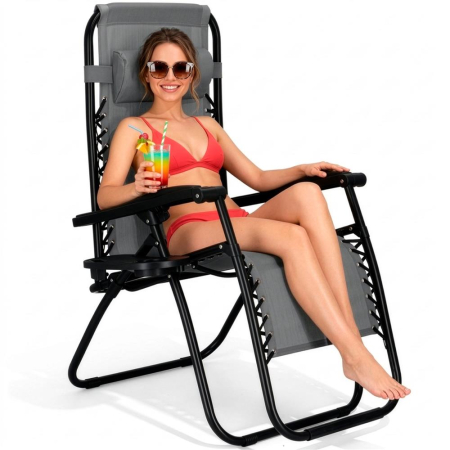 Sezlong scaun pliant plaja sau gradina, Siesta, gravitatie zero, cu tetiera, 175x67x110 cm, gri [21]