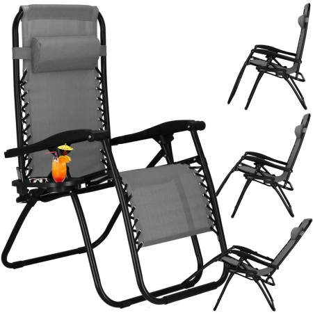 Sezlong scaun pliant plaja sau gradina, Siesta, gravitatie zero, cu tetiera, 175x67x110 cm, gri [17]