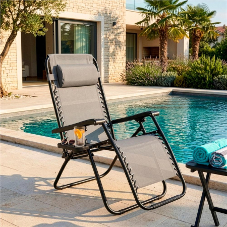 Sezlong scaun pliant plaja sau gradina, Siesta, gravitatie zero, cu tetiera, 175x67x110 cm, gri [22]