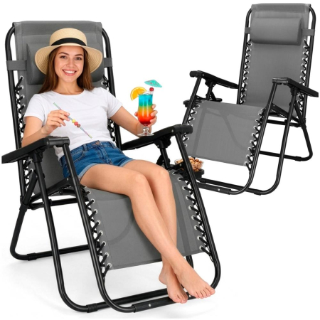 Sezlong scaun pliant plaja sau gradina, Siesta, gravitatie zero, cu tetiera, 175x67x110 cm, gri [19]