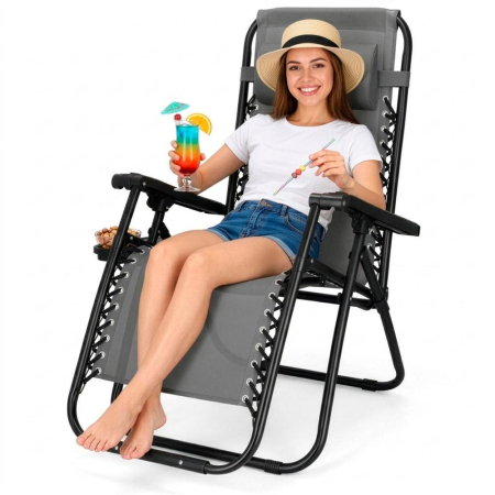 Sezlong scaun pliant plaja sau gradina, Siesta, gravitatie zero, cu tetiera, 175x67x110 cm, gri [20]