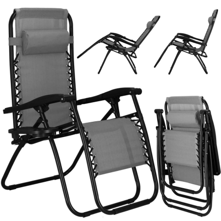 Sezlong scaun pliant plaja sau gradina, Siesta, gravitatie zero, cu tetiera, 175x67x110 cm, gri [25]