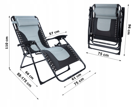 Sezlong scaun pliant plaja sau gradina, Siesta, gravitatie zero, cu tetiera, 175x75x110 cm, negri gri [9]