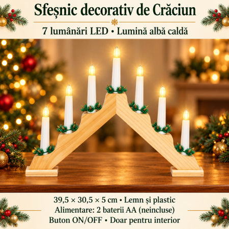 Sfesnic decorativ LED cu 7 lumanari si coronite verzi, alimentare baterii, 40x31 cm, maro si alb [18]
