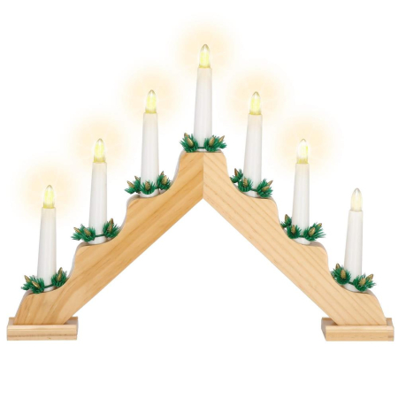 Sfesnic decorativ LED cu 7 lumanari si coronite verzi, alimentare baterii, 40x31 cm, maro si alb [1]