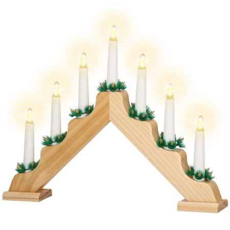 Sfesnic decorativ LED cu 7 lumanari si coronite verzi, alimentare baterii, 40x31 cm, maro si alb [9]