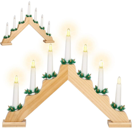 Sfesnic decorativ LED cu 7 lumanari si coronite verzi, alimentare baterii, 40x31 cm, maro si alb [10]