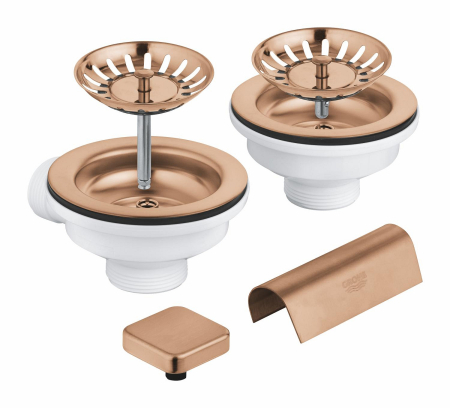 Instalatii sanitare - Sifon chiuveta bucatarie Grohe 40999DL0, universal, ornament buton, pentru 2 cuve, mat, cupru