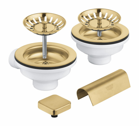 Instalatii sanitare - Sifon chiuveta bucatarie Grohe 40999GN0, universal, ornament buton, pentru 2 cuve, mat, auriu