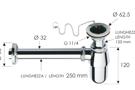 Sifon lavoar metalic Remer Rubinetterie 973Z114, racord 1"1/4, lungime 250 mm, alama si zamac cromat [2]