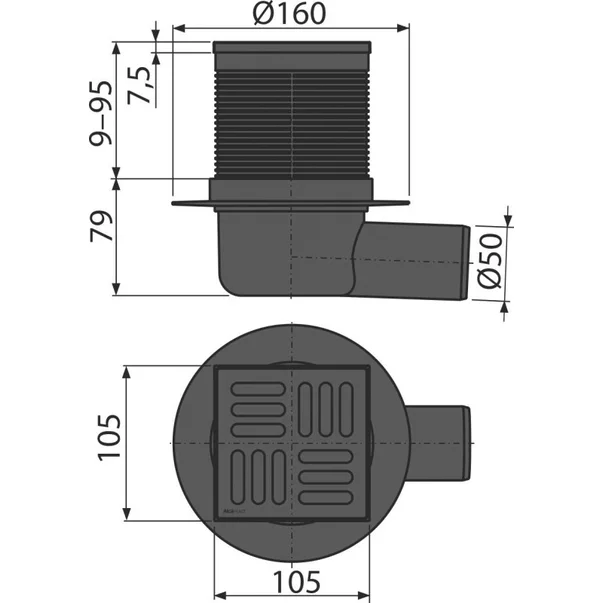 Sifon pardoseala Alca 105 x 105/50 cu iesire laterala si inaltator APV31 negru mat [1]