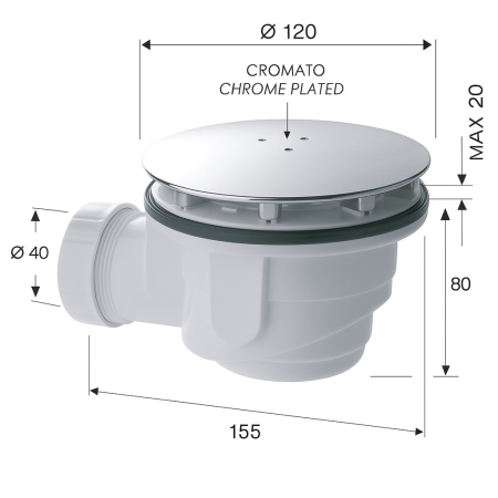 Sifon scurgere dus Remer Rubinetterie Minutery 914120, cu capac cromat Ø120 mm, evacuare Ø40 mm, pentru cadita dus Ø90 mm, ABS [1]