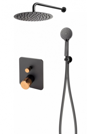 Baie - Sistem de dus FDesign Ardesia FD1-ARD-7PSET1-25, 1/2'', incastrat, 300 mm, monocomanda, 1 pulverizare, mat, negru / cupru