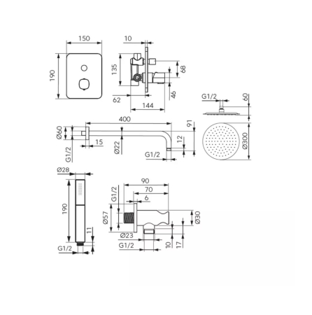 Sistem de dus FDesign Meandro FD1-MDR-7PSET2-11, 1/2'', incastrat, 300 mm, 1 pulverizare, anti-calcar, crom [1]