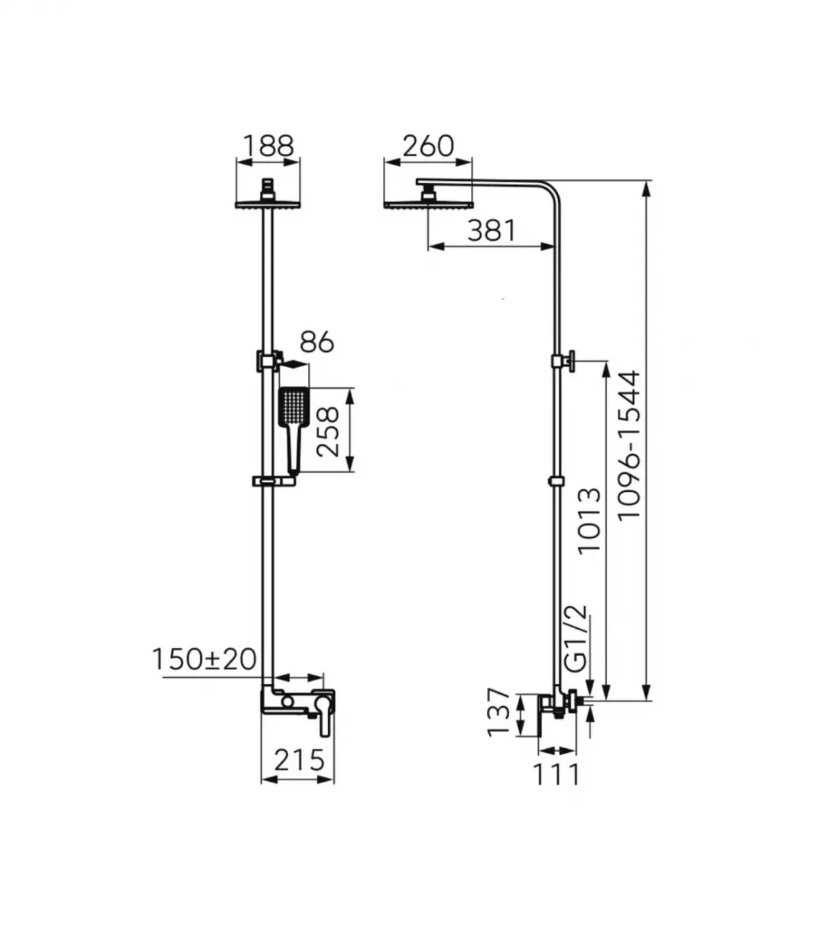 Sistem de dus FDesign Origio FD5-ORG-7U-11, 1/2'', aparent, pipa cada, 180 x 260 mm, 1 pulverizare, crom [1]