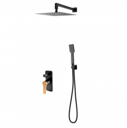 Baie - Sistem de dus FDesign Seppia FD1-SPA-7PSET-25, 1/2'', incastrat, 300 mm, 1 pulverizare, anti-calcar, mat, negru / cupru