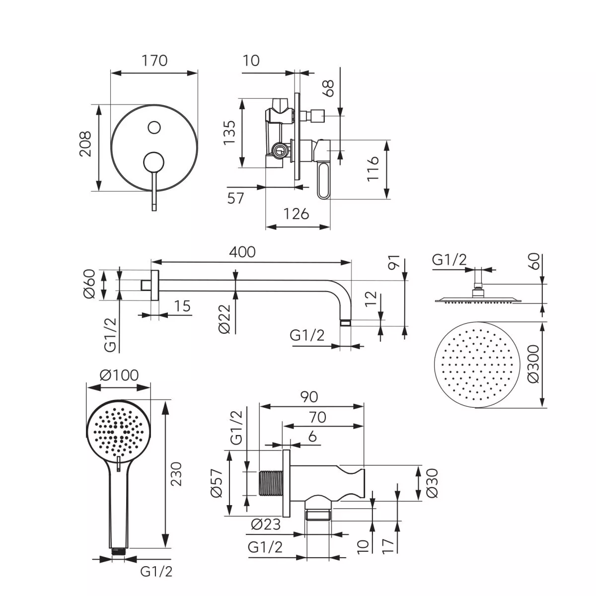 Sistem de dus FDesign Zaffiro, incastrat, 300 mm, 1 functie, mat, negru, FD1-ZFR-7PSET1-22 [1]