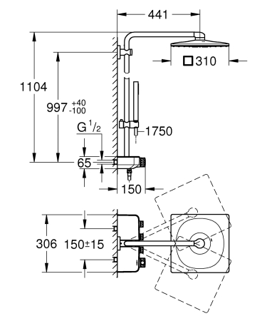 Sistem de dus Grohe 26508A00, SmartControl 310, termostat, 310 mm, 2 functii, lucios, grafit [1]
