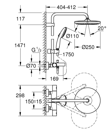 Sistem de dus Grohe 26672001, 250 mm, 1 bar, 110 mm, 1.75 m, 1588 mm, 412 mm, 1 functii palarie dus, Crom [7]