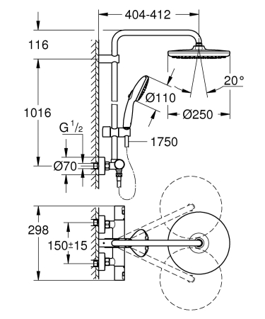 Sistem de dus Grohe 26677001, 250 mm, 1 bar, 110 mm, 1.75 m, 1132 mm, 412 mm, 1 functii palarie dus, Crom [10]