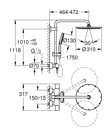 Sistem de dus Grohe 27966001, 310 mm, 1 bar, 130 mm, 1.75 m, 472 mm, 1 functii palarie dus, 3 functii para dus, Crom [4]