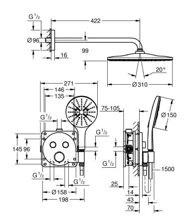 Sistem de dus Grohe 34877000, 310 mm, 1 bar, 130 mm, 1.5 m, 135 mm, 422 mm, 1 functii palarie dus, Crom [3]