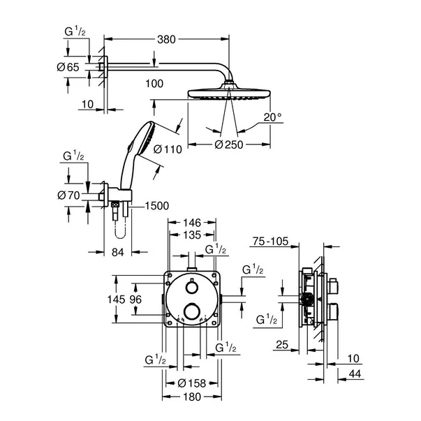 Sistem de dus Grohe Grohtherm Tempesta 210 incastrat cu baterie rotunda [2]