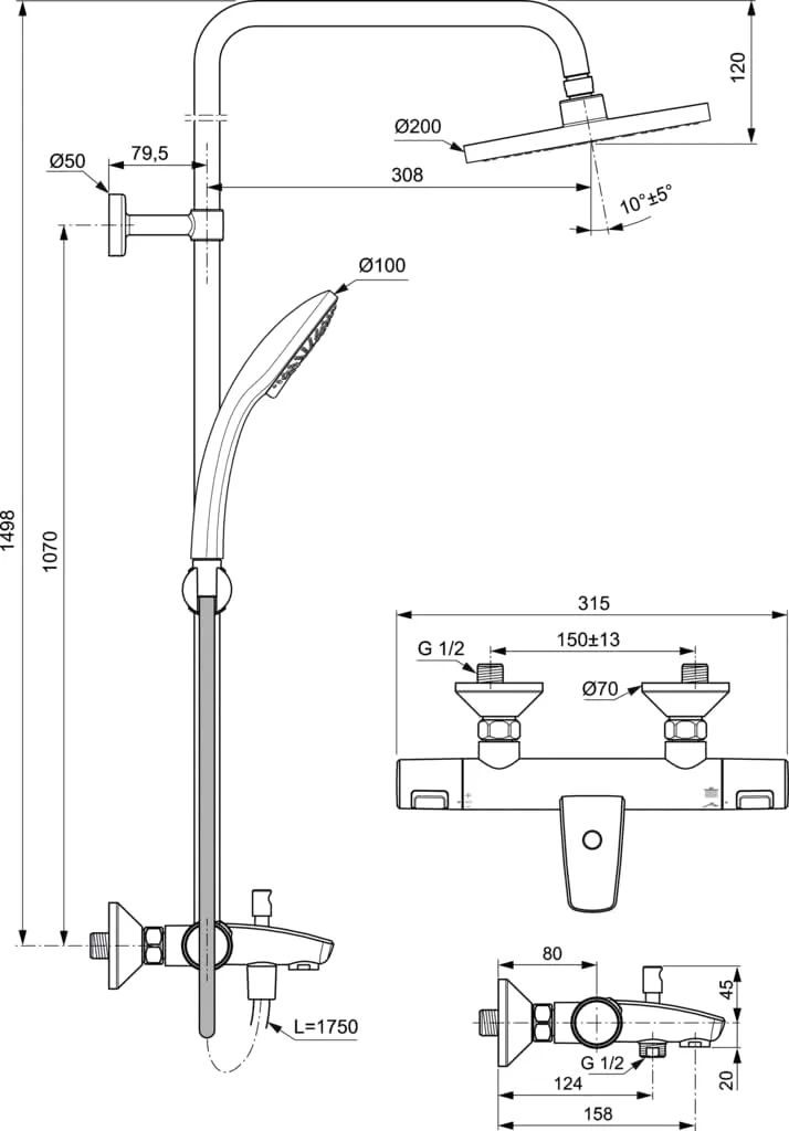 Sistem de dus Ideal Standard CeraTherm, aparent, termostat, pipa cada, 200 mm, crom, A7590AA [7]