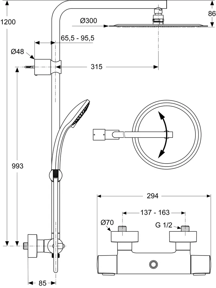 Sistem de dus Ideal Standard IdealRain Luxe A6246AA, 1/2'', aparent, termostat, 300 mm,1 pulverizare, anti-calcar, crom [3]