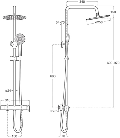 Sistem de dus Roca A5A9A6EC00, 250 mm, 1 bar, 100 mm, 1.5 m, 970 mm, 340 mm, 1 functii palarie dus, Crom [3]
