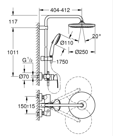 Sistem dus Grohe 266732431, 250 mm, 0.9 bar, 110 mm, 1.75 m, 1118 mm, 412 mm, 1 functii palarie dus, Negru [5]