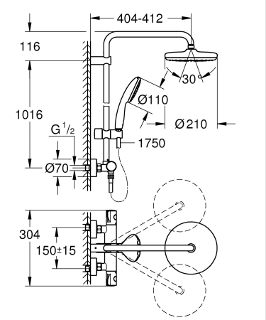 Sistem dus Grohe 268112431, 210 mm, 0.9 bar, 110 mm, 1.75 m, 1132 mm, 412 mm, 1 functii palarie dus, Negru [5]