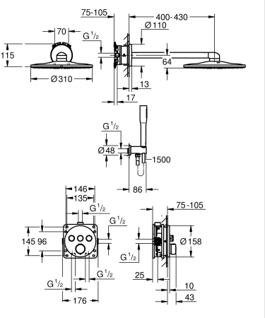 Sistem dus Grohe 348742430, 310 mm, 1.2 bar, 30 mm, 1.5 m, 430 mm, 2 functii palarie dus, 1 functii para dus, Negru [16]