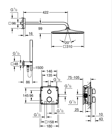 Sistem dus Grohe 348812430, 310 mm, 1.2 bar, 30 mm, 1.5 m, 422 mm, 1 functii palarie dus, 1 functii para dus, Negru [8]