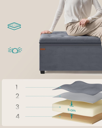 Banca cu spatiu de depozitare 110x40x40 cm, 103 litri, tapitata cu catifea, MDF si spuma, gri [4]