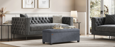 Banca cu spatiu de depozitare 110x40x40 cm, 103 litri, tapitata cu catifea, MDF si spuma, gri [6]