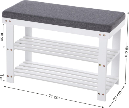 SONGMICS Banca pentru pantofi din bambus, 2 niveluri, cu perna, sarcina 150 kg, 71x29x49 cm, alb si gri [3]