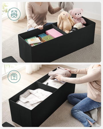 Bancheta pliabila cu spatiu de depozitare 110x38x38 cm, MDF si material textil, capacitate 300 kg, negru [4]