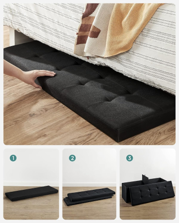 Bancheta pliabila cu spatiu de depozitare 110x38x38 cm, MDF si material textil, capacitate 300 kg, negru [5]