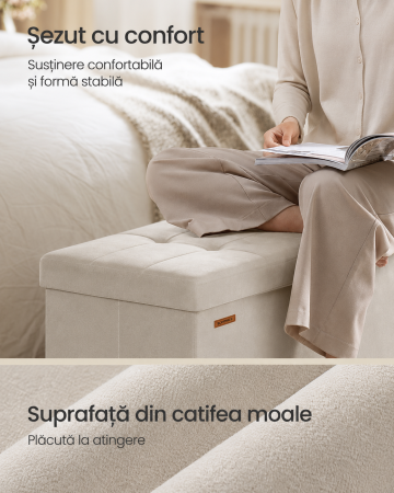Bancuta depozitare pliabila cu picioare din lemn, 112 litri, sezut din catifea, capacitate 300 kg, 38x110x40 cm, bej cappuccino [6]