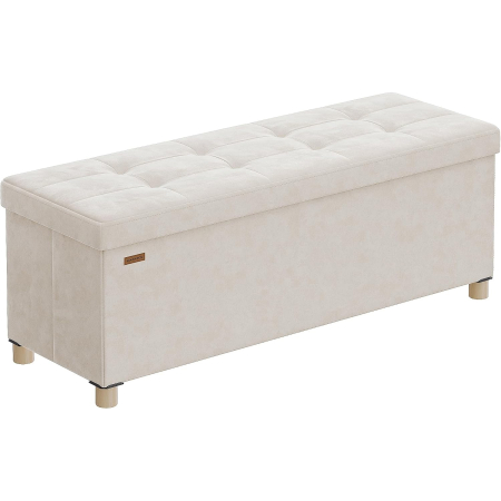 Mobila living - Bancuta depozitare pliabila cu picioare din lemn, 112 litri, sezut din catifea, capacitate 300 kg, 38x110x40 cm, bej cappuccino