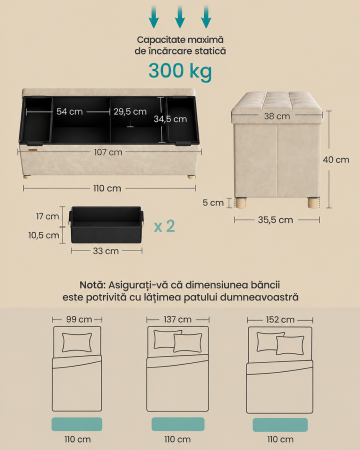 Bancuta depozitare pliabila cu picioare din lemn, 112 litri, sezut din catifea, capacitate 300 kg, 38x110x40 cm, bej cappuccino [5]