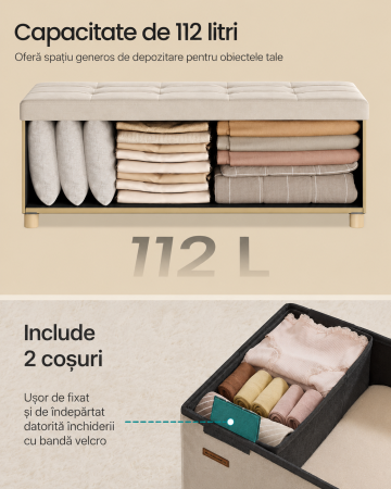 Bancuta depozitare pliabila cu picioare din lemn, 112 litri, sezut din catifea, capacitate 300 kg, 38x110x40 cm, bej cappuccino [4]