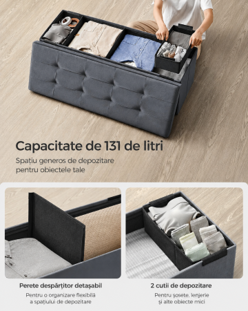 Bancuta pliabila cu spatiu de depozitare, catifea matlasata, 38x110x38 cm, capacitate 300 kg, gri [5]