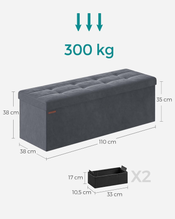Bancuta pliabila cu spatiu de depozitare, catifea matlasata, 38x110x38 cm, capacitate 300 kg, gri [4]